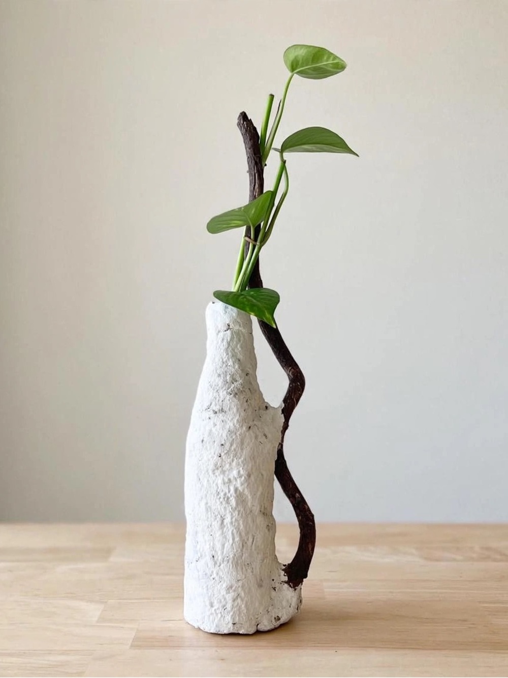Papier Mâché Wabi-Sabi Vase with Driftwood Handle - 10-11"